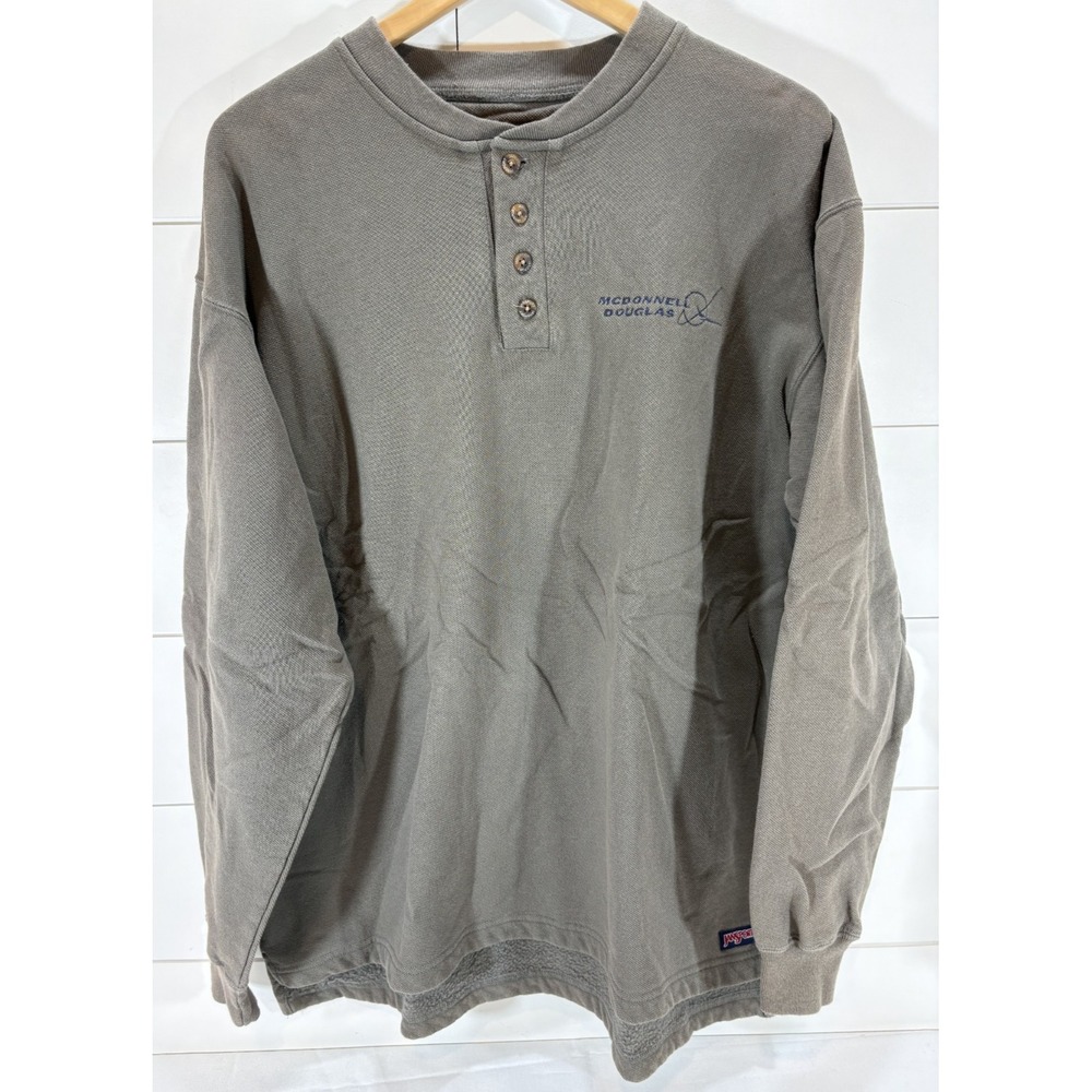 Vintage Jansport Men's XL Olive Green Henley McDonnell Douglas Logo Sweatshirt